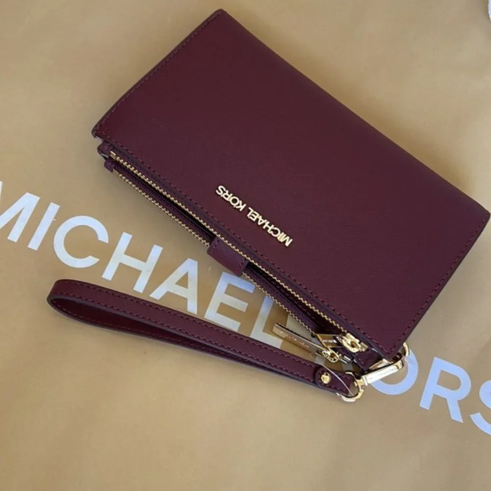 Michael Kors Jet Set Travel Large Double Zip Wristlet Wallet Dark Cherry Leather